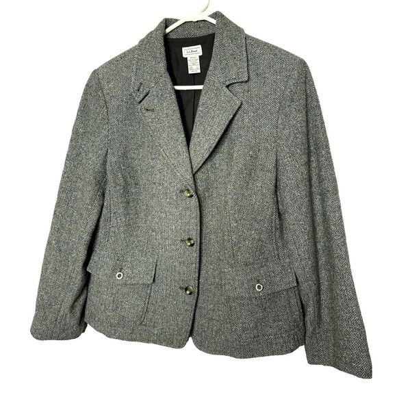 L.L. Bean Blazer Womens L Petite Green Herringbone Tweed Jacket Preppy Wool Silk - Picture 1 of 11
